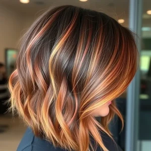 Lob Haircut with Caramel and Red Layers